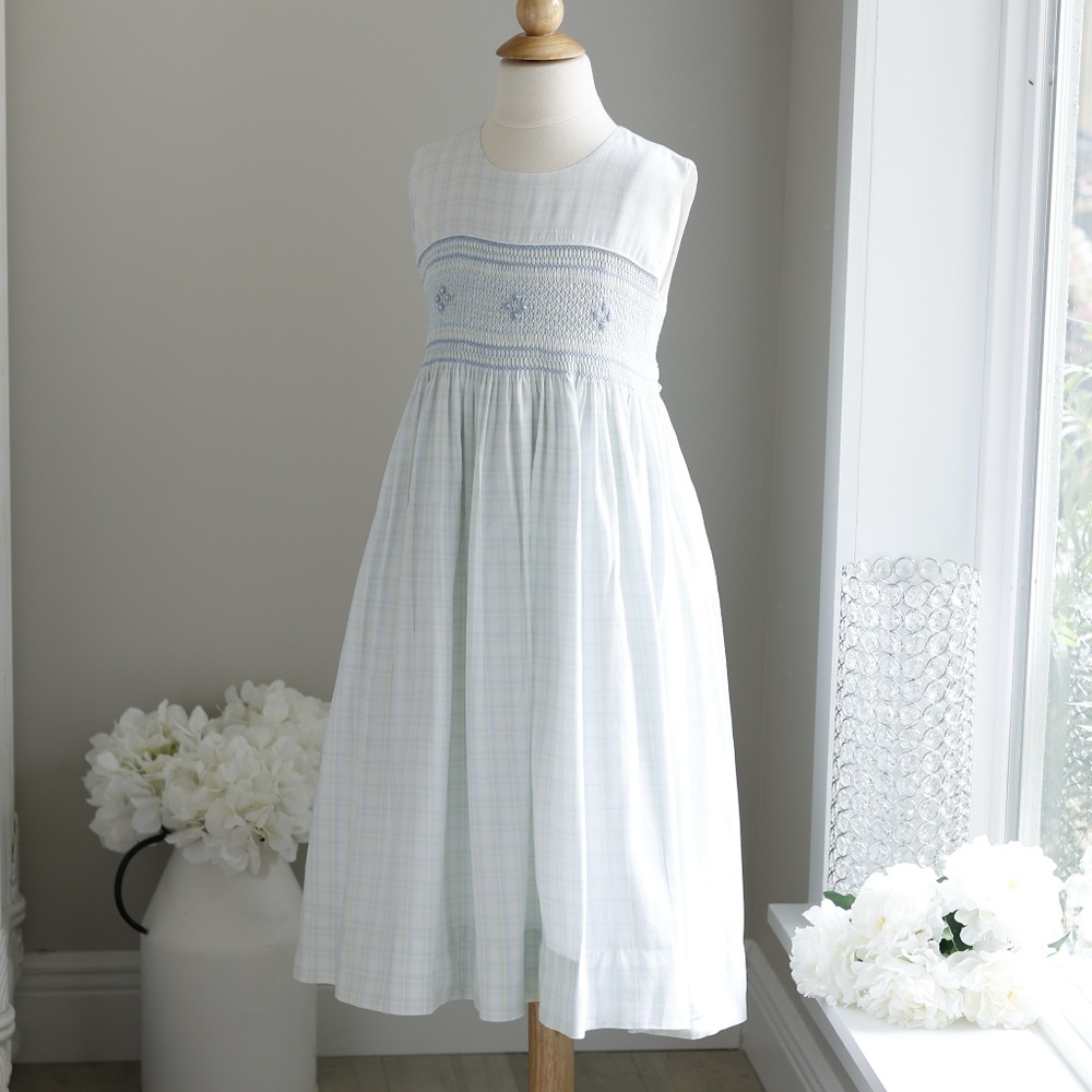 Strasburg Dress Blue Green Pastel Plaid Smocked Sleeveless Brushed Cotton